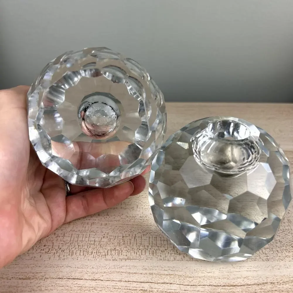Vintage Faceted Spherical Glass Candlestick Holder Honeycomb Set of 2